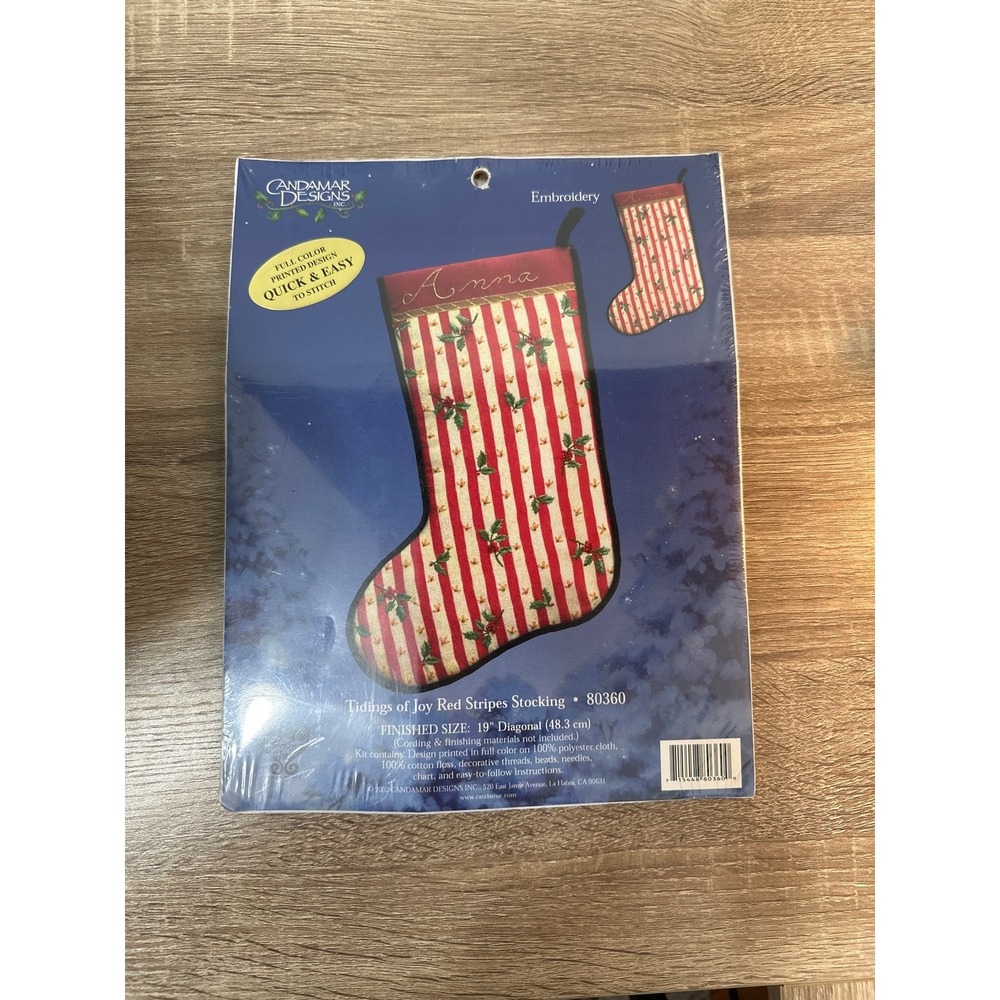 Christmas Candamar Embroidery Kit Tidings of Joy‎ Red Stripes Stocking 80360 NEW